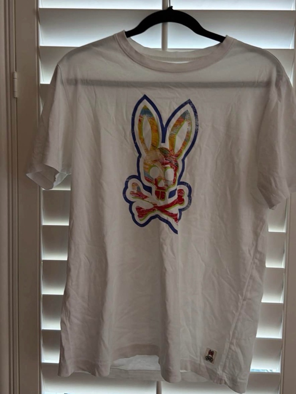 Psycho Bunny White Tee with Multicolor Bunny Skull Graphic